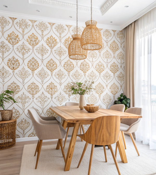 a-classic-modern-dining-room-in-hyderabad–featuri Modern dining room with gold-accented wallpaper, featuring premium wallpaper installation in Hyderabad for luxurious interior transformations.