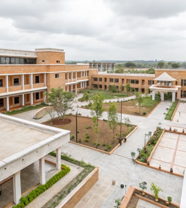 a-modern-educational-campus-in-hyderabad-with-open Campus green space designed by institutional architects in Hyderabad